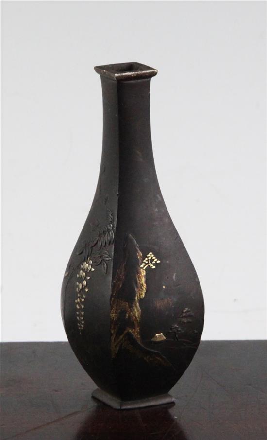 A small Japanese bronze and mixed metal square baluster vase, 10.7cm